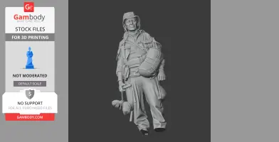 WWII soldier in gear with helmet and backpack, holding a grenade. 3D model STL for printing.
