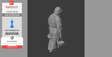 3D model of a WWII soldier holding a helmet, wearing a uniform with straps and pouches, viewed from the back.