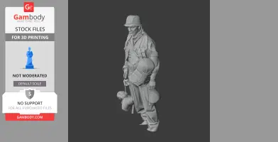 WWII soldier in uniform with gear and helmet, holding a rope bundle, ready for 3D printing.