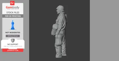 A 3D model of a WWII soldier in uniform, holding a helmet, in profile view.