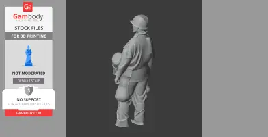 WWII soldier 3D model in uniform, holding helmet, viewed from the back, for 3D printing.