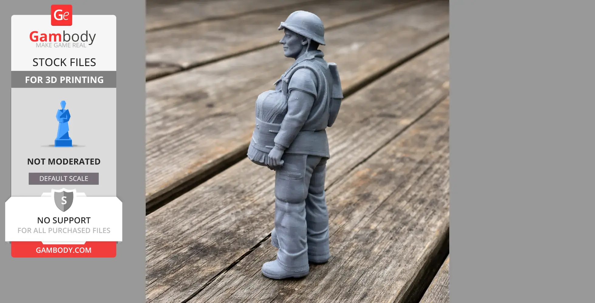 3D-printed model of a WWII soldier in uniform and helmet, holding equipment, standing on a wooden surface.