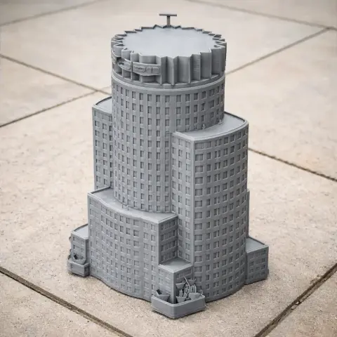 3D printed model of U.S. Bank Tower, featuring detailed architecture with a cylindrical shape.