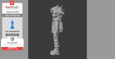 Stylized 3D model of a young character with spiky hair, wearing a jacket and backpack, designed for 3D printing.