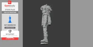 A 3D model of a stylish kid in a hoodie and sneakers, with detailed hair, standing in profile view.