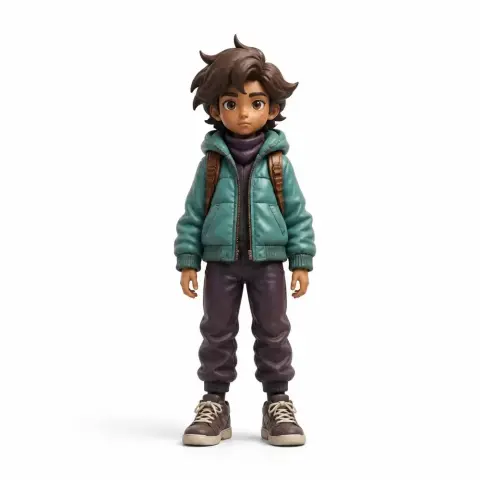 Young character figurine with tousled hair, wearing a teal jacket, scarf, and backpack. Suitable for 3D printing.