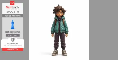A figurine of a child with brown hair, teal jacket, and backpack, ready for 3D printing.