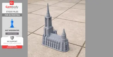 3D printed model of Ulm Minster, showcasing detailed architecture and spires on tiled surface.