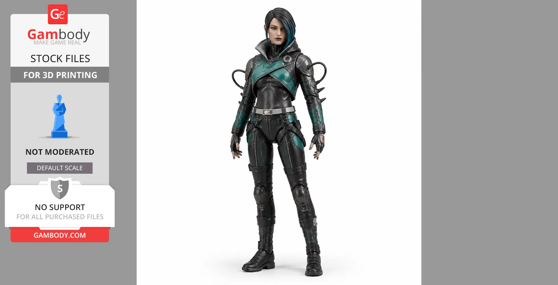 A detailed 3D model of a futuristic character in black and teal armor, ready for 3D printing.