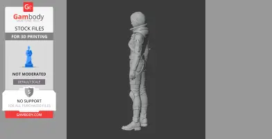A detailed 3D model of a standing character in a futuristic outfit, viewed from the side.