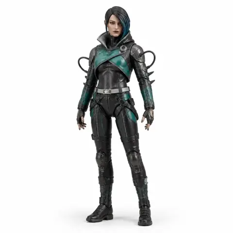 A detailed 3D model of a futuristic character in a dark, sleek outfit with teal accents and intricate armor elements.