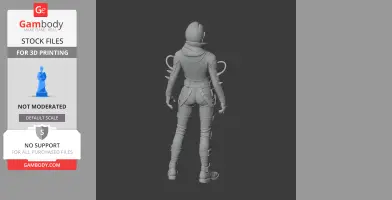 A detailed 3D model of a character in tactical attire, viewed from behind, with intricate gear and accessories.