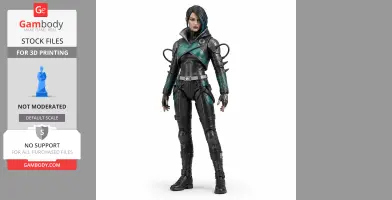 A detailed 3D model of a futuristic character in black and teal armor, ready for 3D printing.
