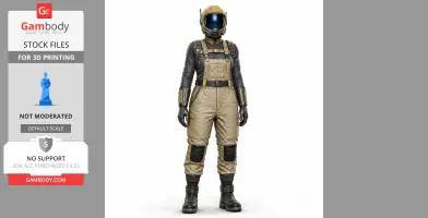 A 3D model of an astronaut-like figure in tactical overalls and helmet, ready for 3D printing.