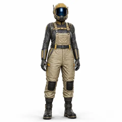 A sci-fi character in a helmet and beige jumpsuit, with black gloves and boots, standing upright.