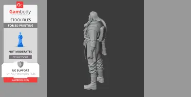 3D model of a heavily armored figure with long hair, wearing boots and carrying equipment on the back.