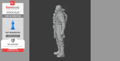 Side profile of a detailed 3D character figurine in tactical gear for 3D printing.