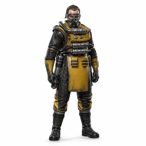 A detailed figurine of a character in yellow and black armor with a gas mask, from Apex Legends.