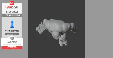 Gray 3D model of a muscular creature with textured skin, holding a large weapon.