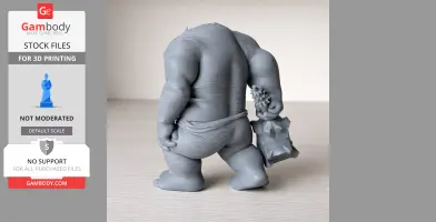 Grey 3D-printed cave troll figurine holding a club, viewed from behind.