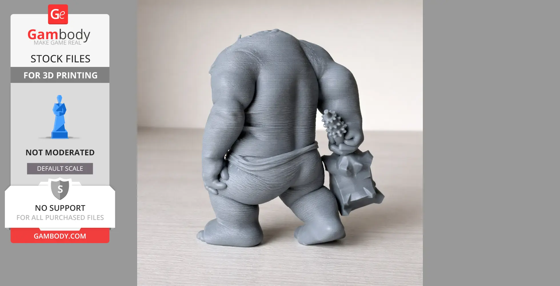 Grey 3D-printed cave troll figurine holding a club, viewed from behind.