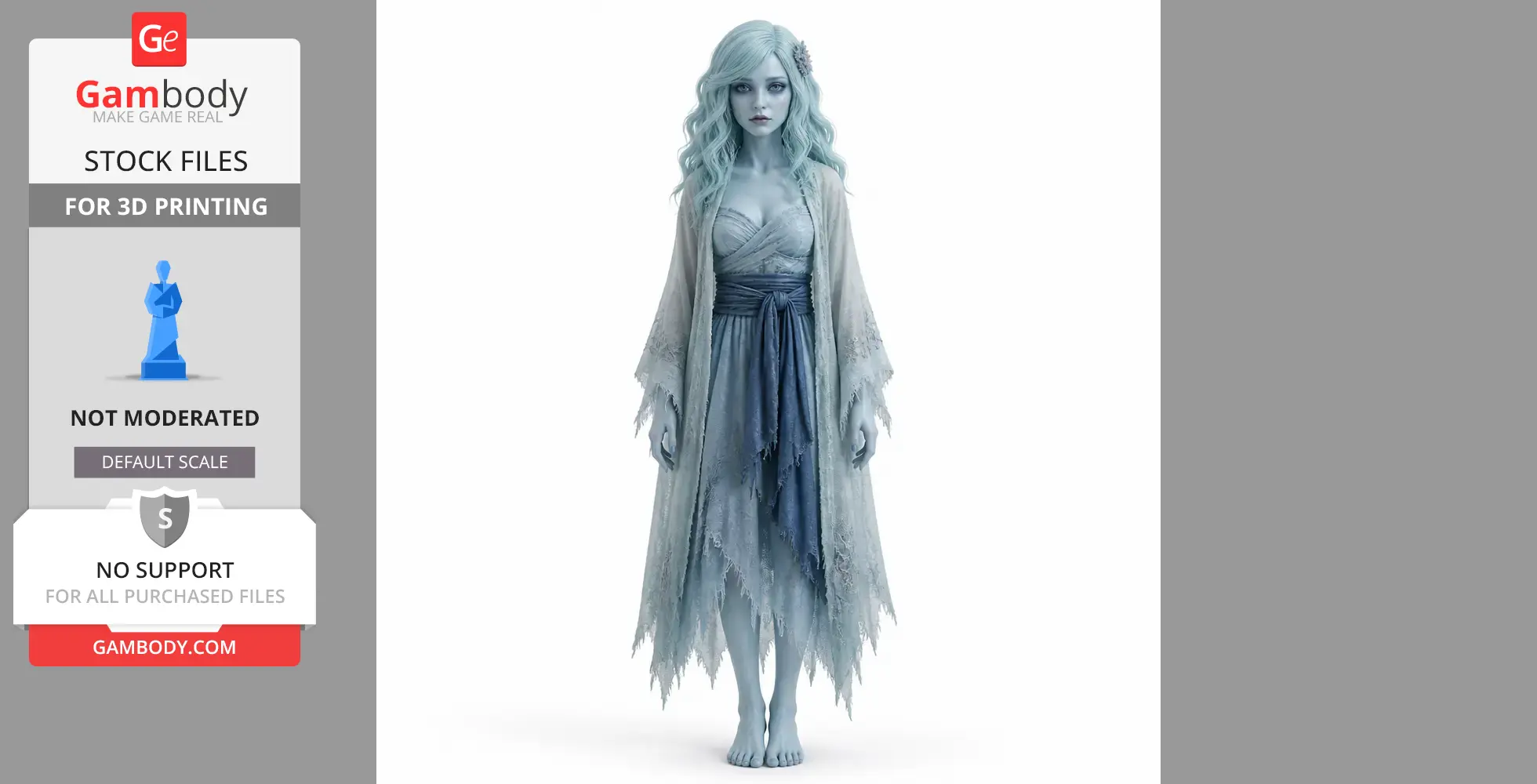 Ghostly female figure with long hair and flowing gown, 3D printable character from Celeste game.