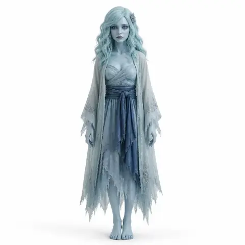 Ethereal female ghost in a flowing dress, with long wavy hair and a serene expression.