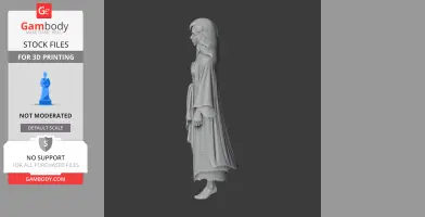 A ghostly 3D figure with long hair and tattered robes, viewed from the side.