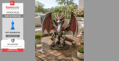 A metallic dragon model with red wings and intricate mechanical details on a wooden table.