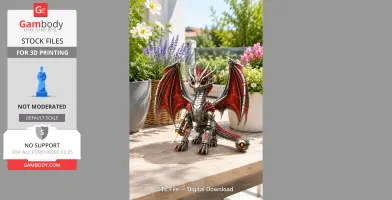 A mechanical dragon model with red wings and metallic body sits on a wooden table amid potted flowers.