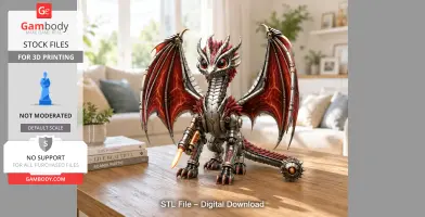 A mechanical dragon model with metallic scales and fiery wings, designed for 3D printing.