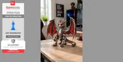 Mechanical dragon figure with metallic body and red wings, designed for 3D printing.