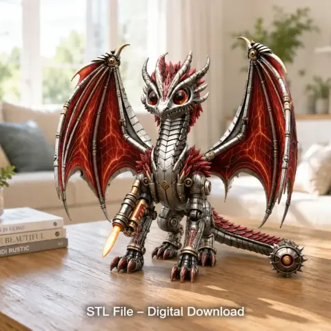 Mechanical dragon with metallic body, fiery red wings, and a glowing tail, posed on a wooden surface.