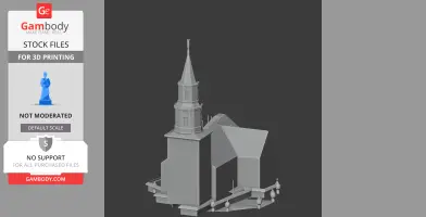 A 3D model of a parish church with a tall steeple, ready for printing.
