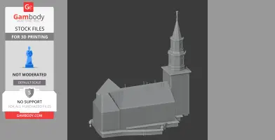 3D model of a parish church with a tall spire, designed for 3D printing.