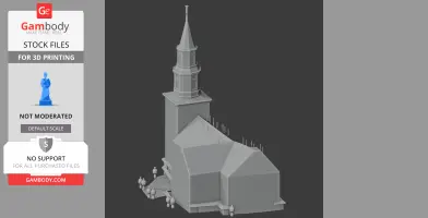 3D model of a parish church with a tall steeple and detailed architecture for 3D printing.