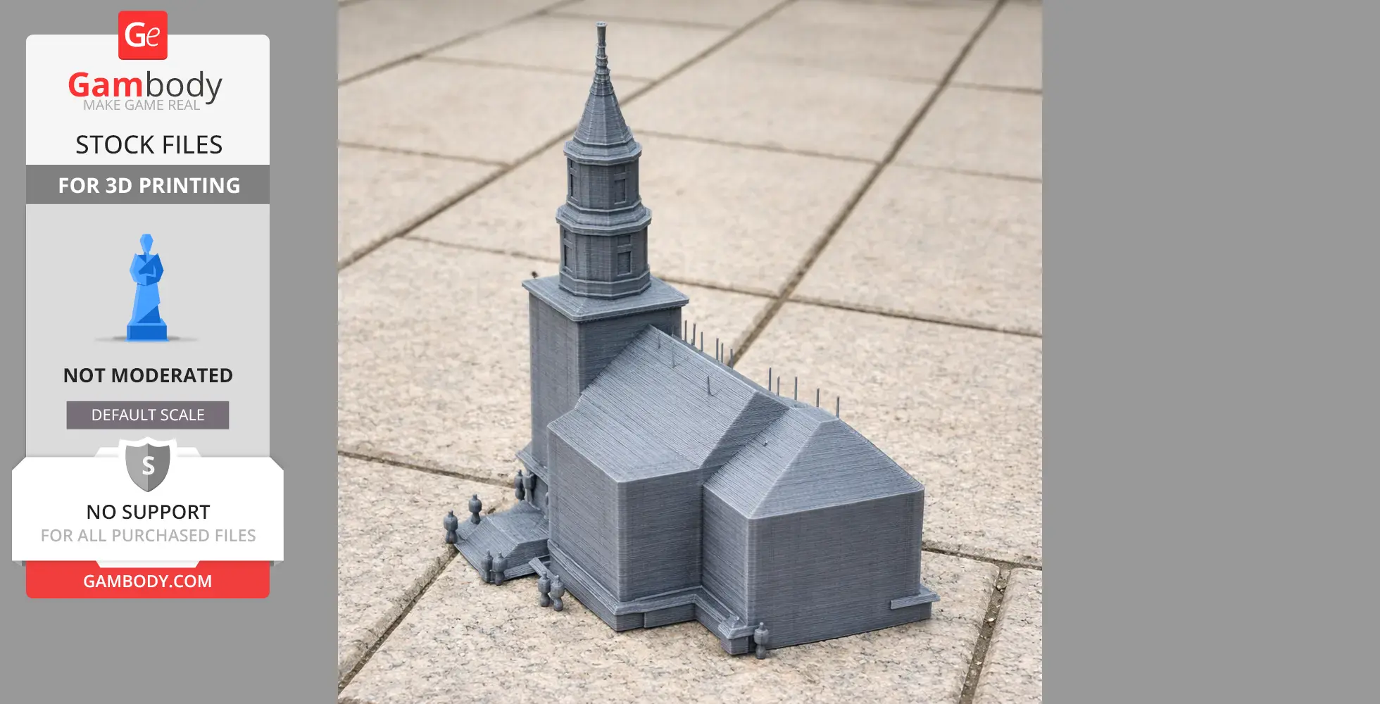 3D printed parish church model with a tall steeple on a tiled surface.