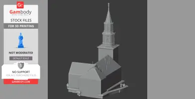 3D model of a parish church with a tall spire and pitched roofs, designed for 3D printing.