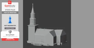 3D model of a parish church with a tall spire and multiple rooftops, designed for 3D printing.