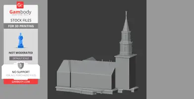 3D model of a parish church with a tall steeple, designed for 3D printing.