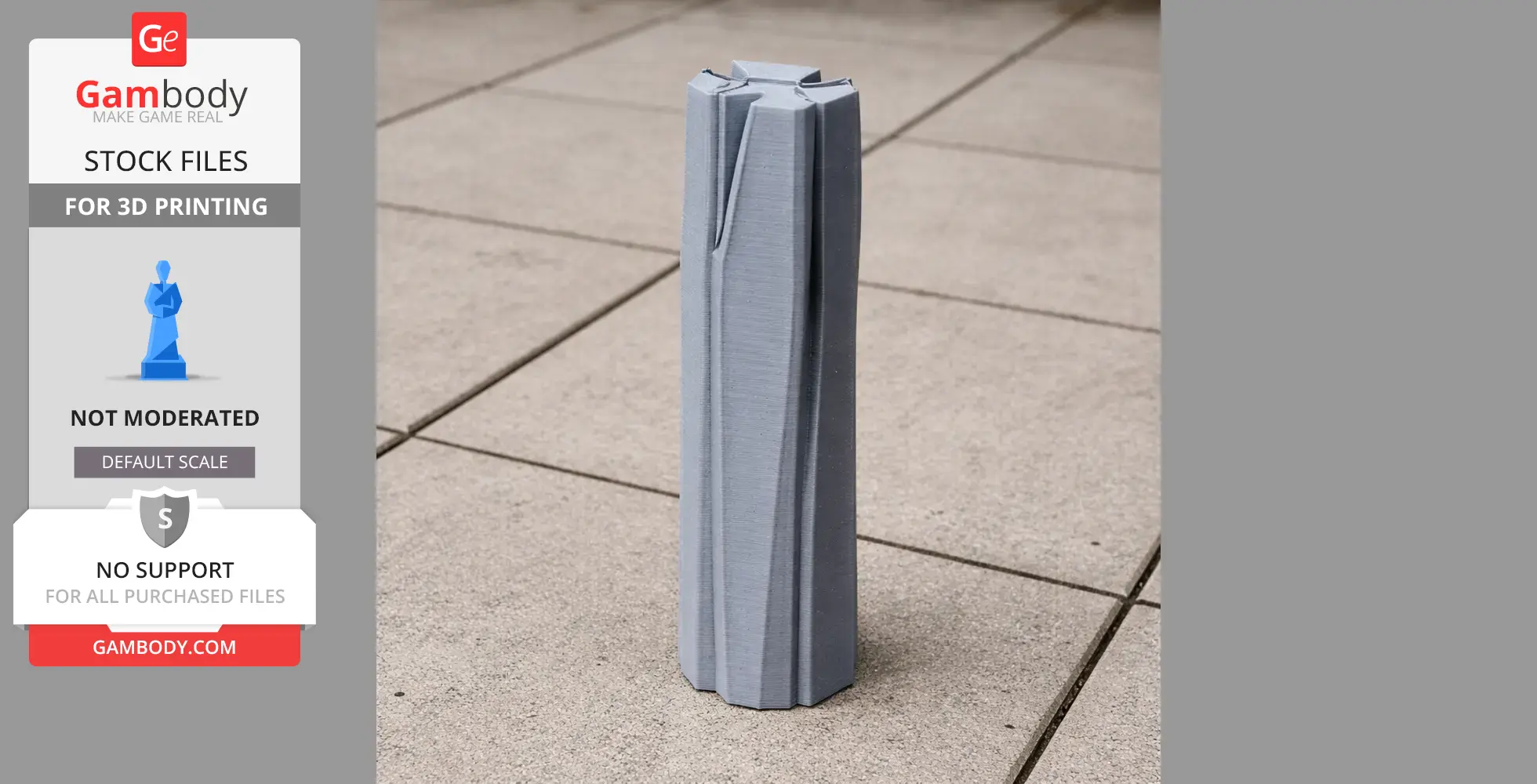Tall, sleek model of a modern skyscraper with angular, vertical grooves, set on a tiled surface.