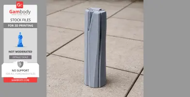 Tall, sleek model of a modern skyscraper with angular, vertical grooves, set on a tiled surface.