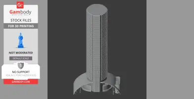 Tall cylindrical skyscraper model with detailed façade and base, designed for 3D printing.