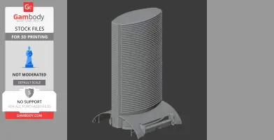 A 3D printed model of a modern curved skyscraper with horizontal lines and a unique base design.