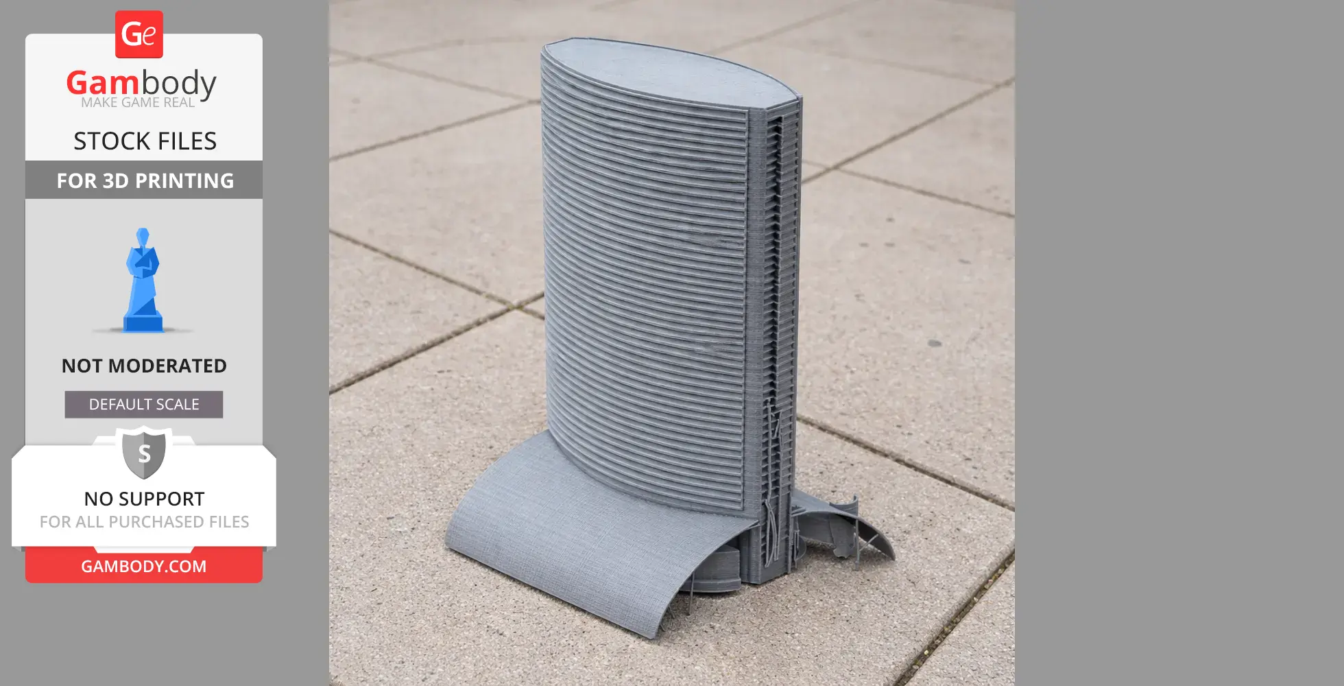 3D-printed model of The Landmark, Abu Dhabi, featuring a sleek, curved building design on a tiled surface.