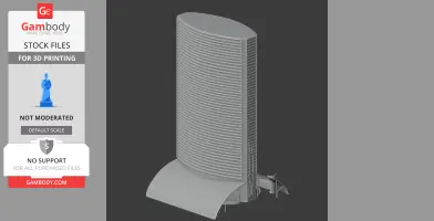 Curved high-rise tower model with linear facade detailing and base, for 3D printing.