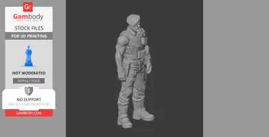 A detailed 3D model of a soldier in tactical gear, wearing a beret, designed for 3D printing.