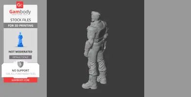 A 3D printed figurine of a tactical soldier in gear, facing away, from Valorant.