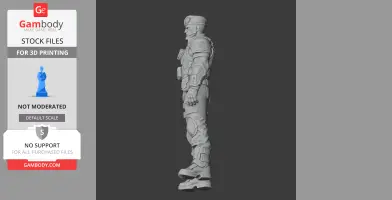 A 3D model of a soldier in tactical gear, viewed from the side, ready for 3D printing.