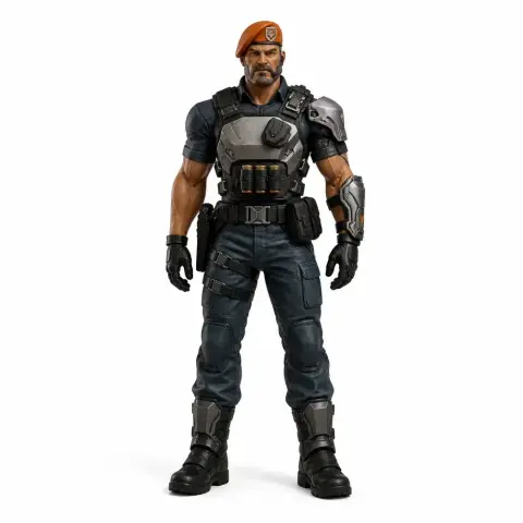 Armored soldier figurine with a beret and tactical gear, posed for 3D printing.